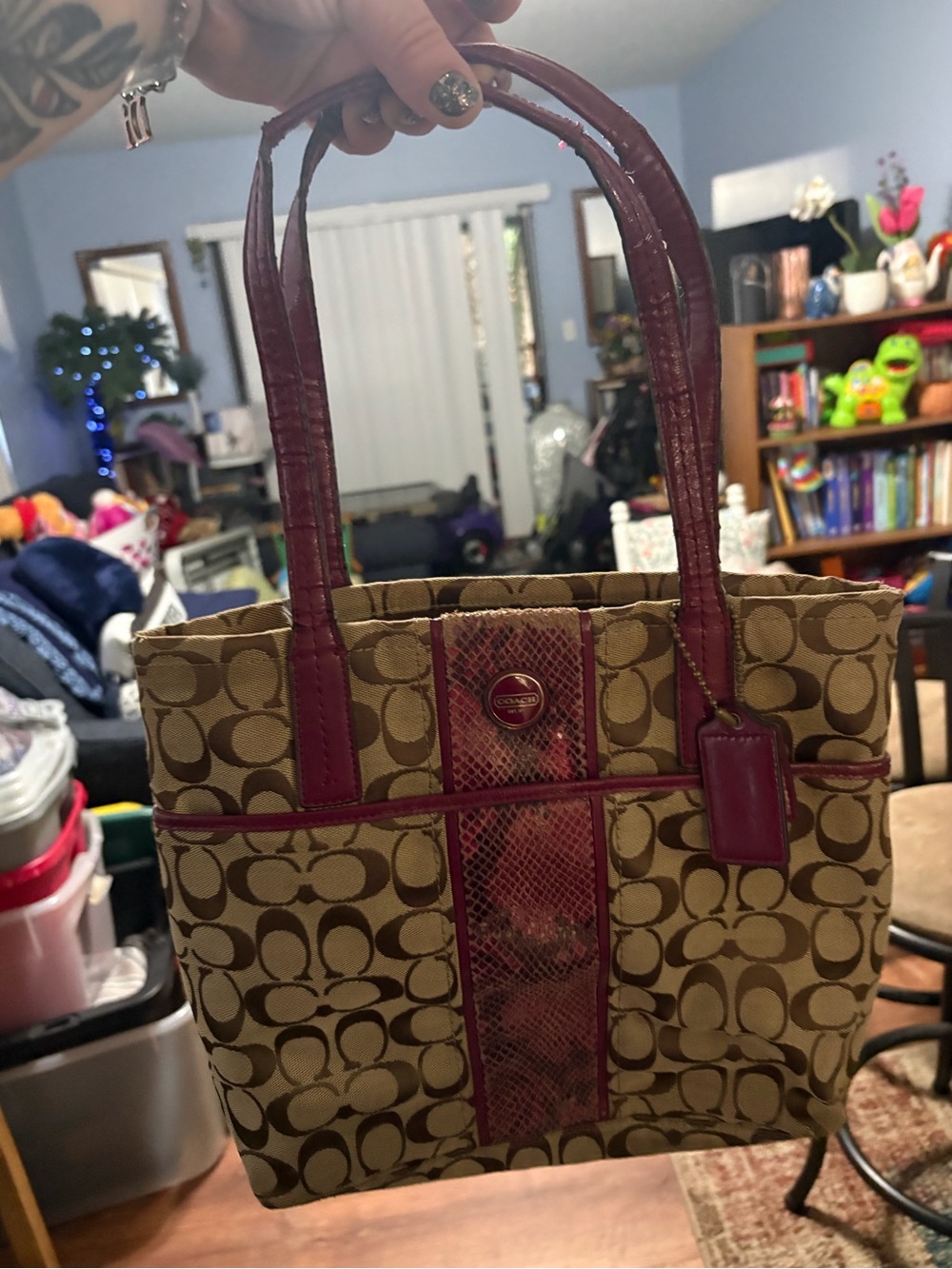 Coach Brown Signature Canvas Tote with Burgundy Trim